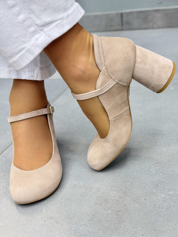 Beżowe półbuty zamszowe OLEKSY na słupku eleganckie