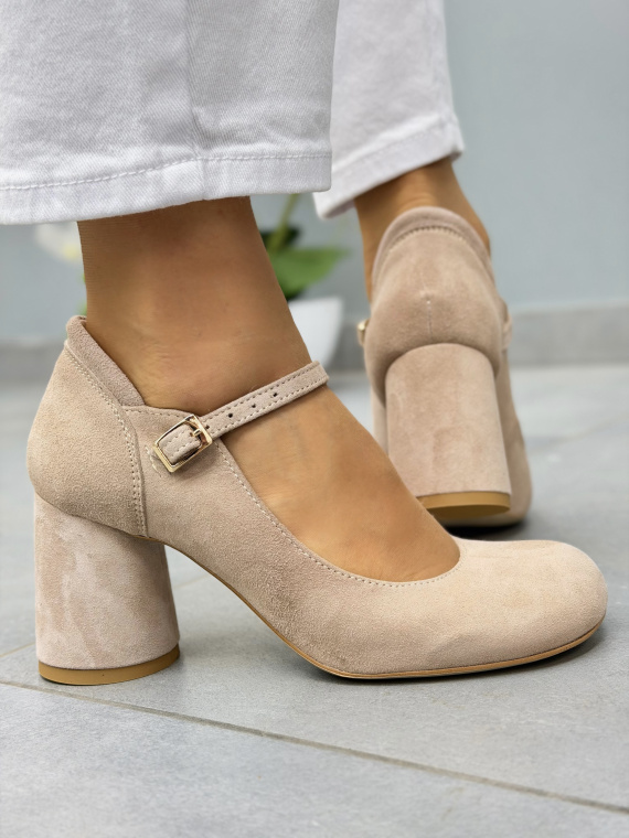 Beżowe półbuty zamszowe OLEKSY na słupku eleganckie