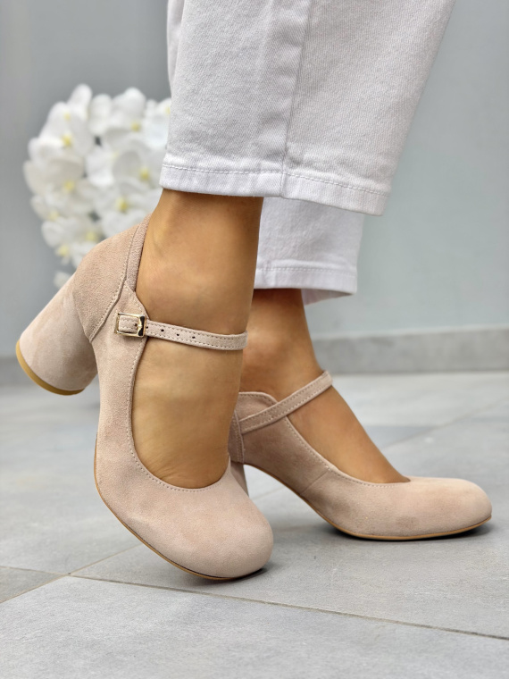 Beżowe półbuty zamszowe OLEKSY na słupku eleganckie