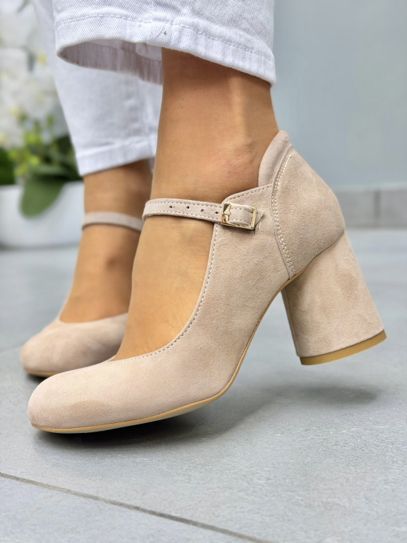 Beżowe półbuty zamszowe OLEKSY na słupku eleganckie