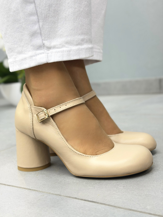 Beżowe półbuty skórzane OLEKSY na słupku eleganckie