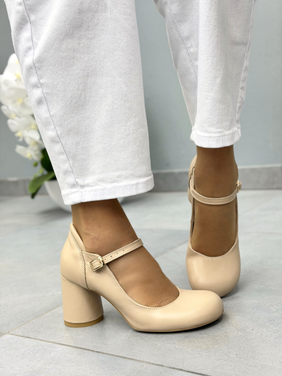Beżowe półbuty skórzane OLEKSY na słupku eleganckie