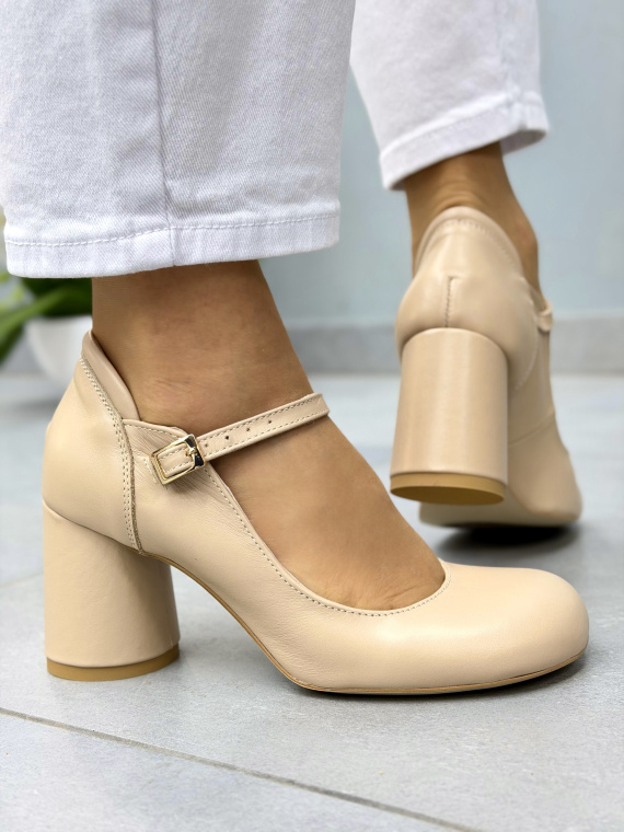 Beżowe półbuty skórzane OLEKSY na słupku eleganckie