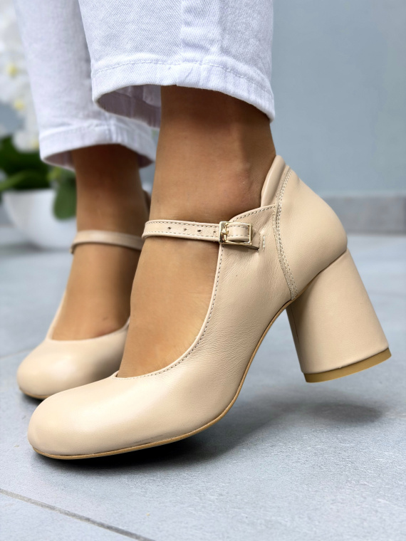 Beżowe półbuty skórzane OLEKSY na słupku eleganckie