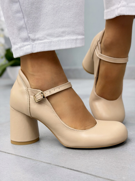 Beżowe półbuty skórzane OLEKSY na słupku eleganckie