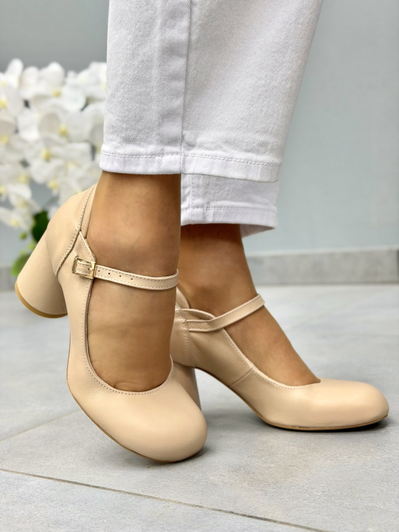 Beżowe półbuty skórzane OLEKSY na słupku eleganckie