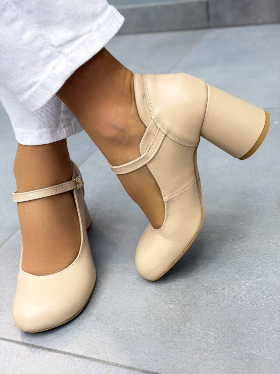 Beżowe półbuty skórzane OLEKSY na słupku eleganckie