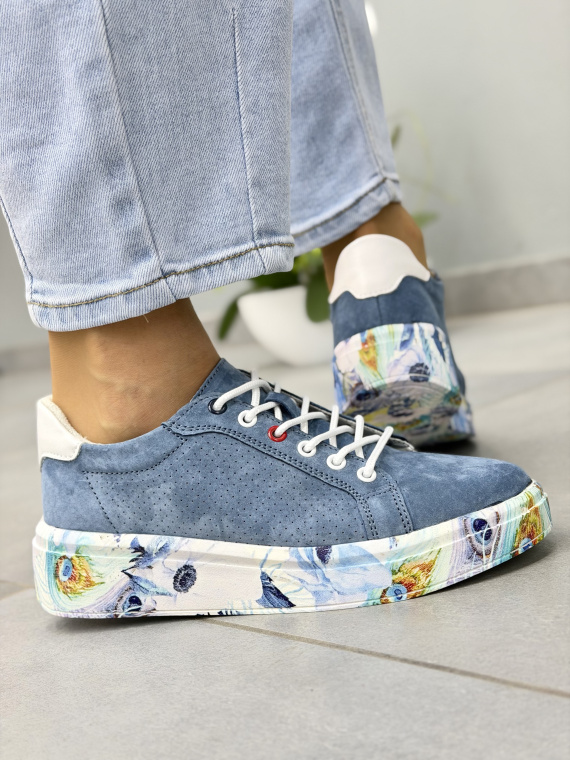 Niebieskie sneakersy damskie ze skóry naturalnej casual