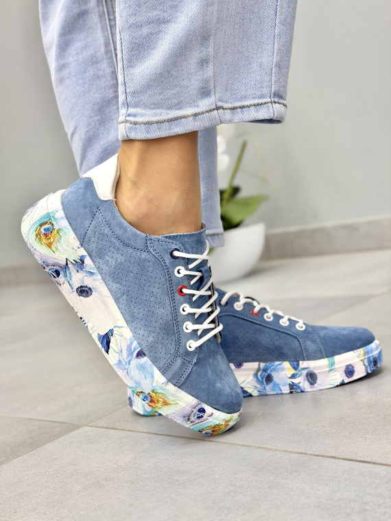 Niebieskie sneakersy damskie ze skóry naturalnej casual