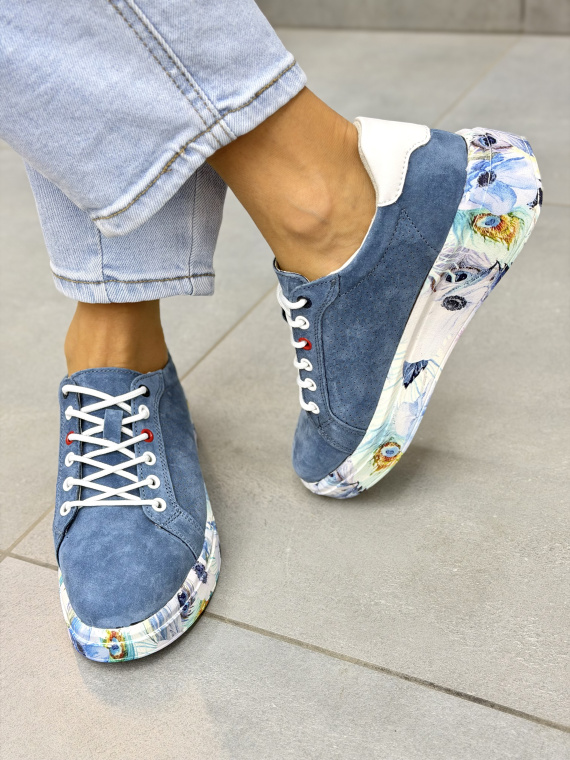 Niebieskie sneakersy damskie ze skóry naturalnej casual