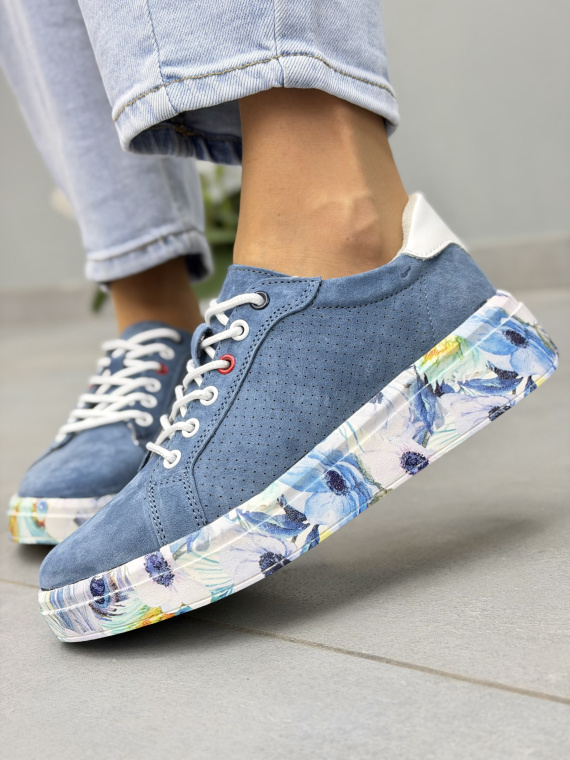 Niebieskie sneakersy damskie ze skóry naturalnej casual