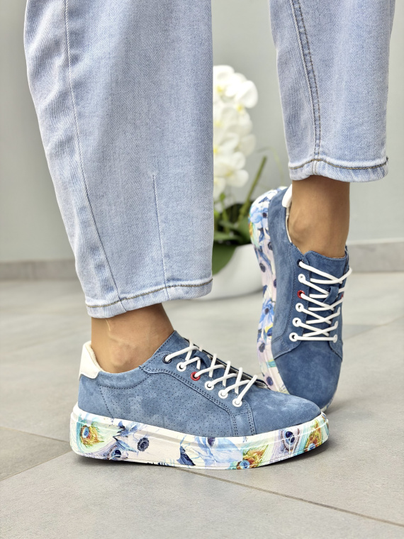 Niebieskie sneakersy damskie ze skóry naturalnej casual