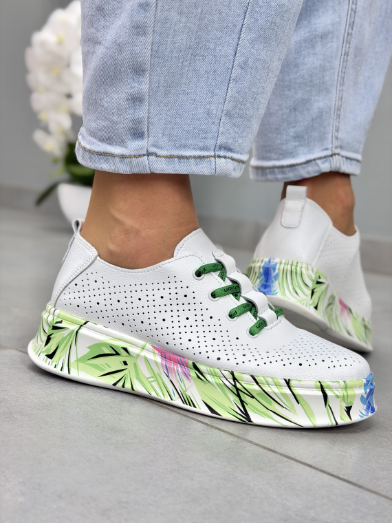 Białe sneakersy damskie skórzane casual z nadrukowaną podeszwą