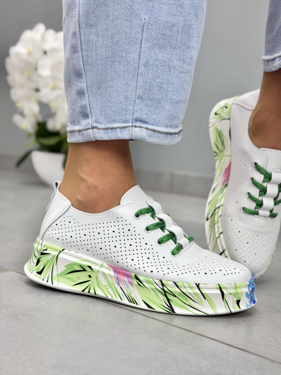 Białe sneakersy damskie skórzane casual z nadrukowaną podeszwą