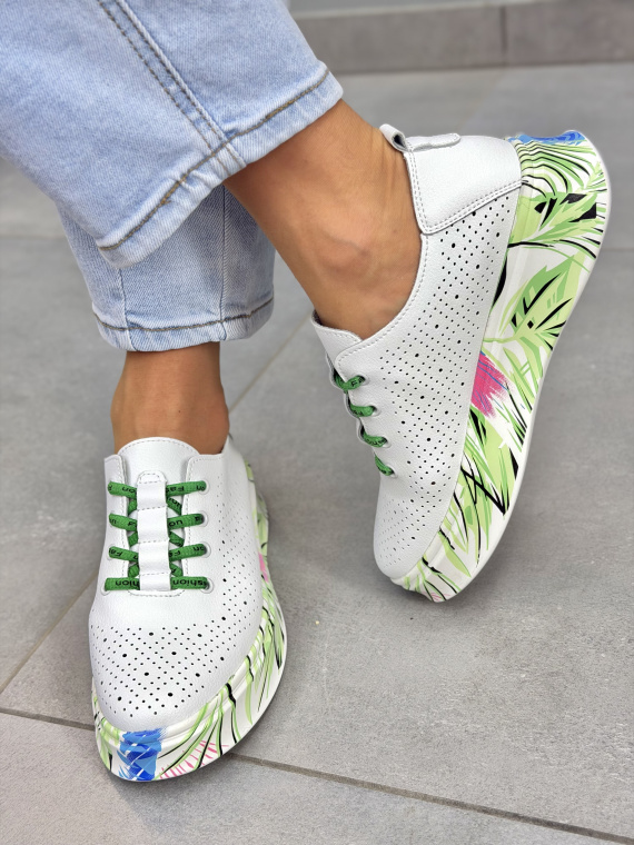 Białe sneakersy damskie skórzane casual z nadrukowaną podeszwą