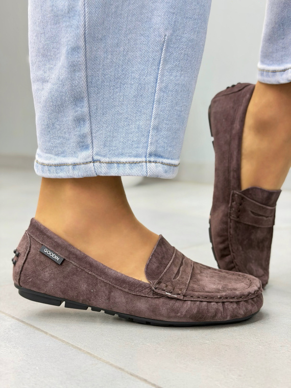 Brązowe mokasyny damskie zamszowe ze skóry naturalnej casual