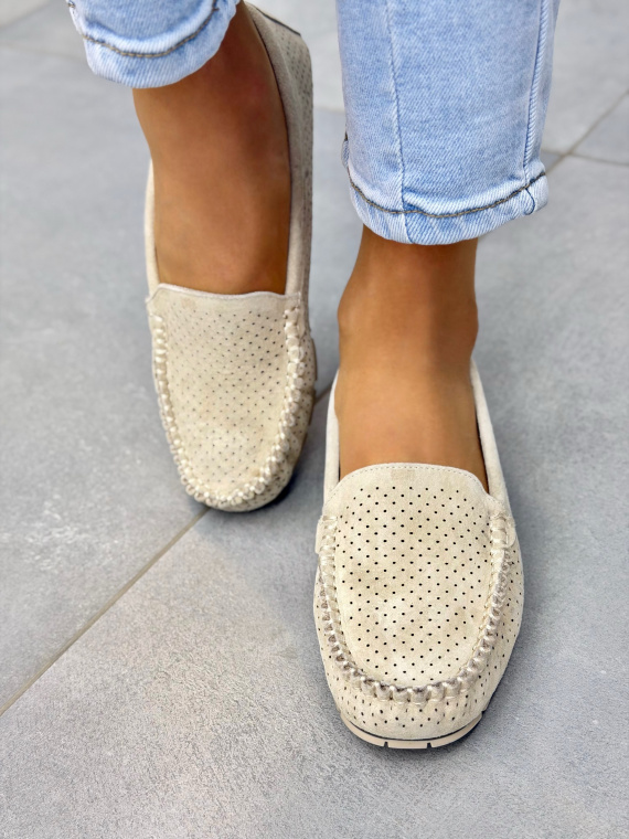 Beżowe mokasyny damskie zamszowe ze skóry naturalnej casual