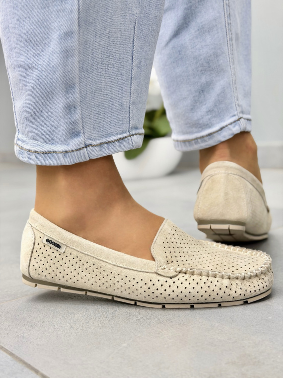 Beżowe mokasyny damskie zamszowe ze skóry naturalnej casual