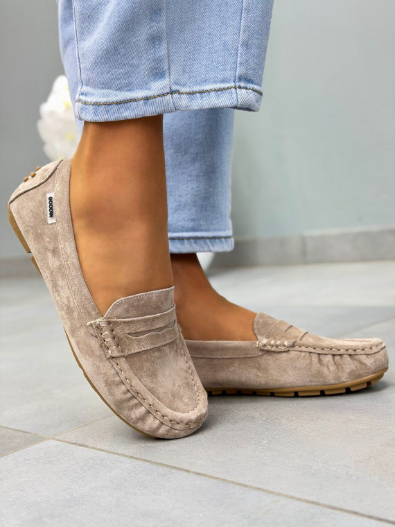 Beżowe mokasyny damskie zamszowe ze skóry naturalnej casual
