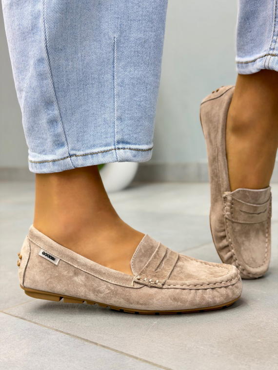 Beżowe mokasyny damskie zamszowe ze skóry naturalnej casual