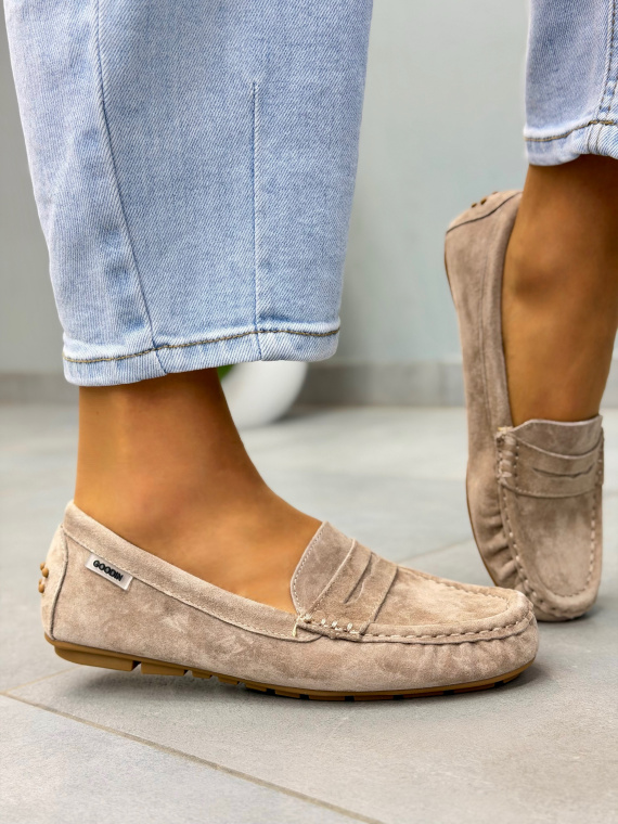Beżowe mokasyny damskie zamszowe ze skóry naturalnej casual
