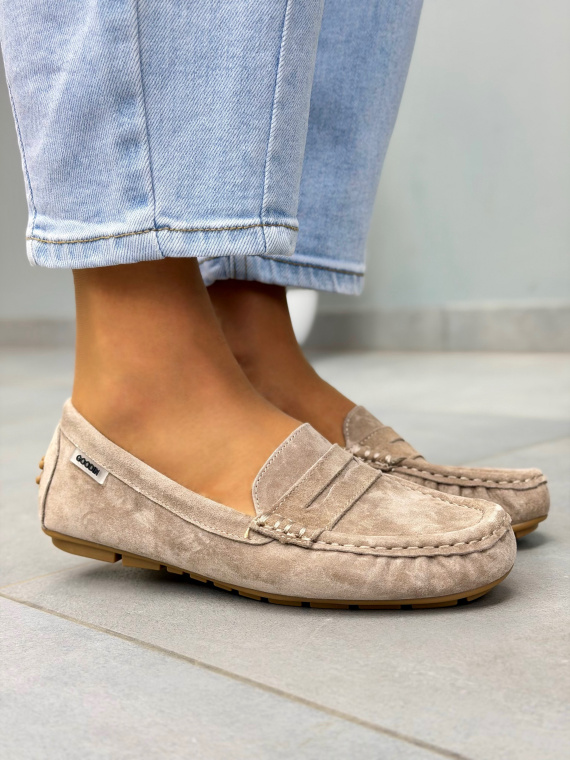 Beżowe mokasyny damskie zamszowe ze skóry naturalnej casual