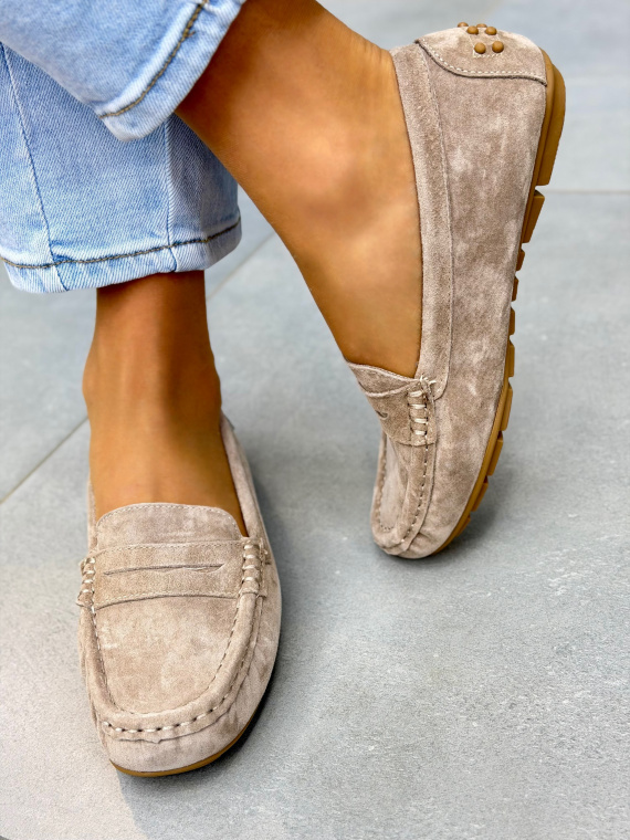 Beżowe mokasyny damskie zamszowe ze skóry naturalnej casual