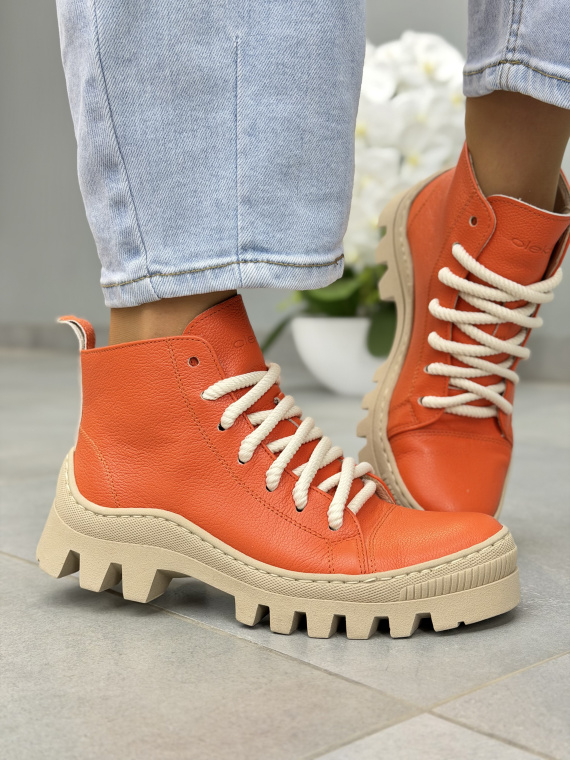 Pomarańczowe trapery damskie OLEKSY skórzane sznurowane casual