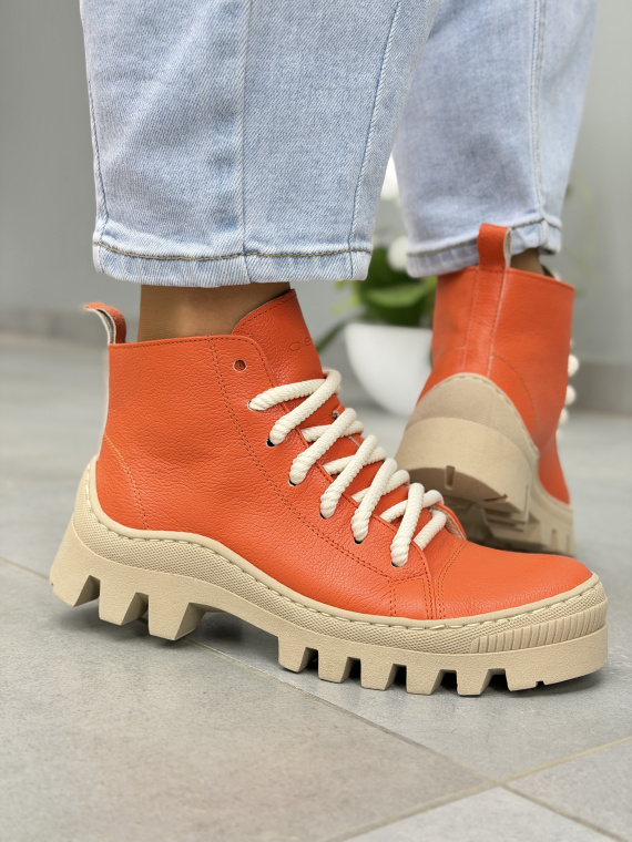 Pomarańczowe trapery damskie OLEKSY skórzane sznurowane casual