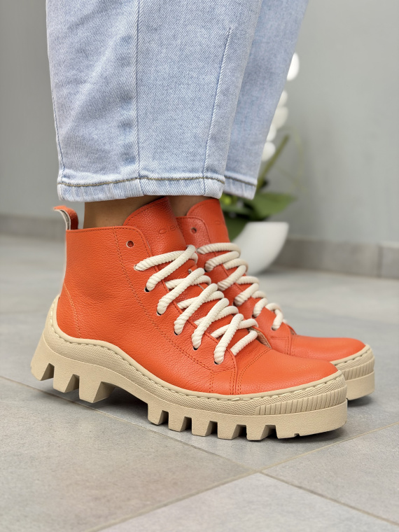 Pomarańczowe trapery damskie OLEKSY skórzane sznurowane casual
