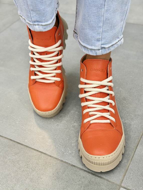 Pomarańczowe trapery damskie OLEKSY skórzane sznurowane casual