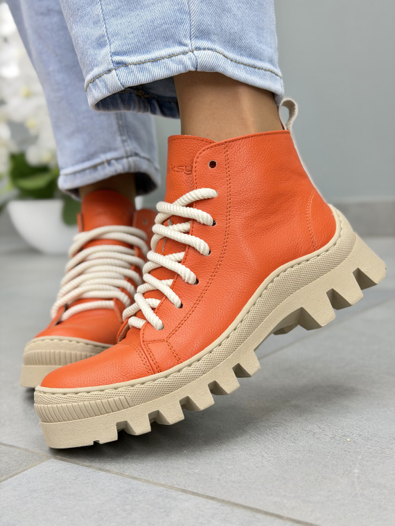 Pomarańczowe trapery damskie OLEKSY skórzane sznurowane casual