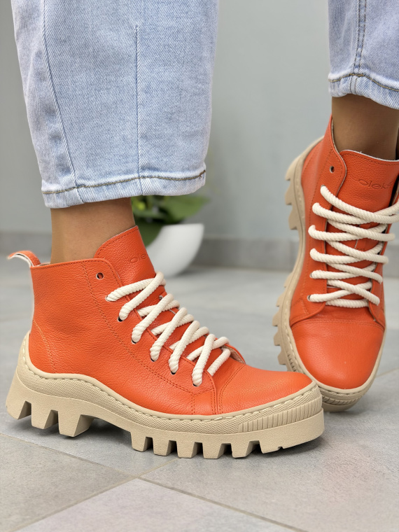 Pomarańczowe trapery damskie OLEKSY skórzane sznurowane casual