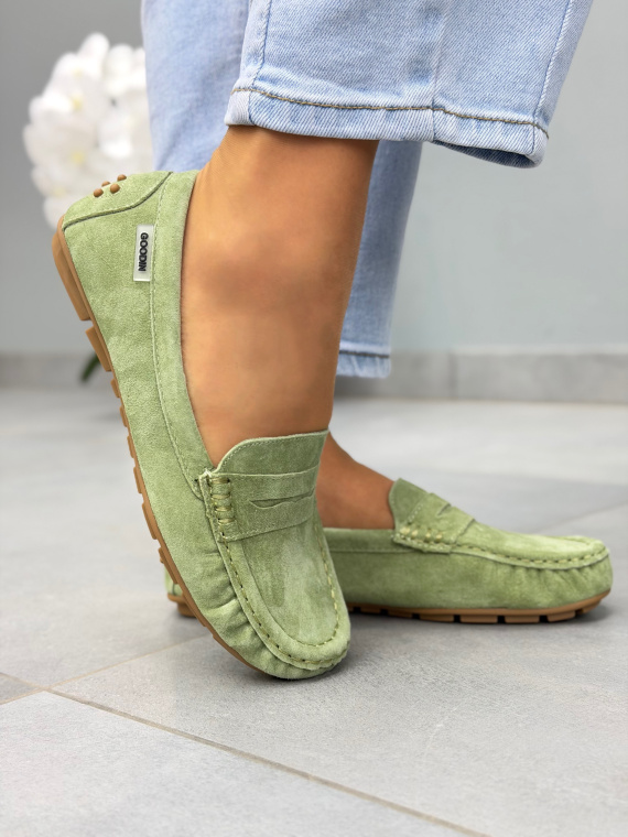Zielone mokasyny damskie zamszowe ze skóry naturalnej casual
