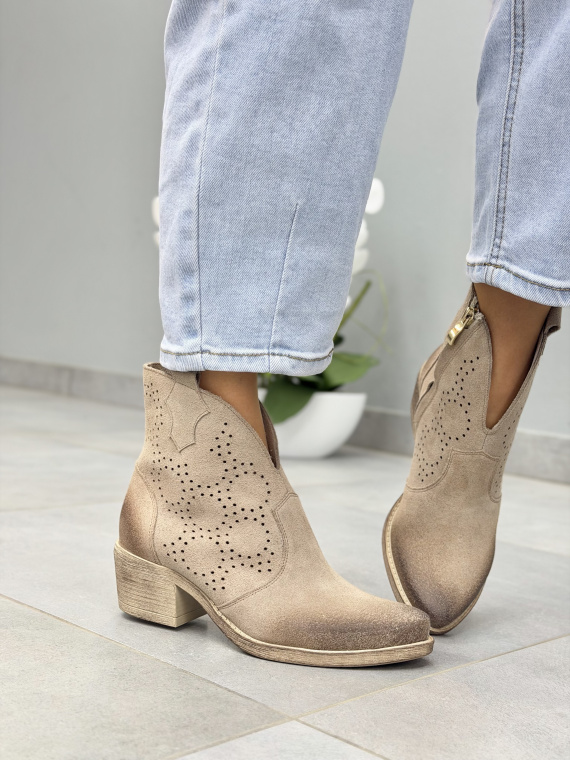 Beżowe kowbojki damskie ażurowe ze skóry naturalnej OLEKSY casual