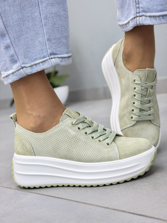 Miętowe sneakersy damskie ze skóry naturalnej casual