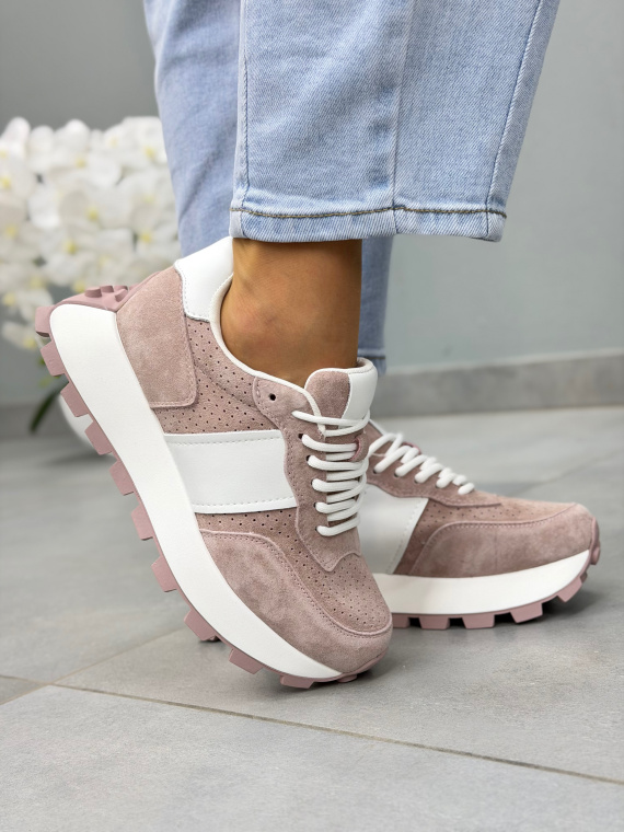 Różowe sneakersy damskie zamszowe ze skóry naturalnej casual