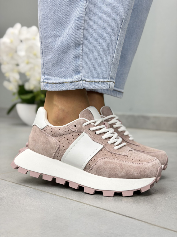 Różowe sneakersy damskie zamszowe ze skóry naturalnej casual