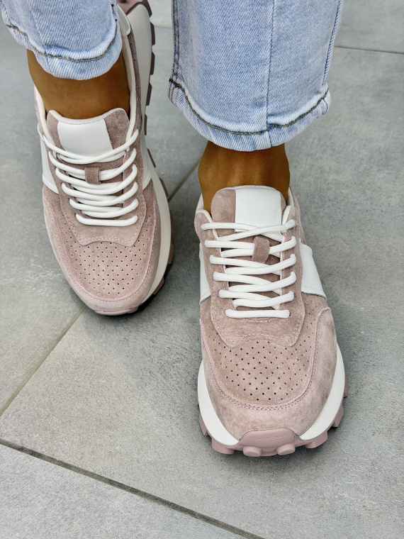 Różowe sneakersy damskie zamszowe ze skóry naturalnej casual