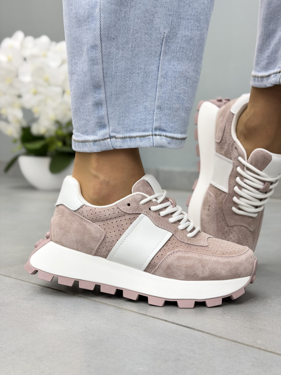 Różowe sneakersy damskie zamszowe ze skóry naturalnej casual