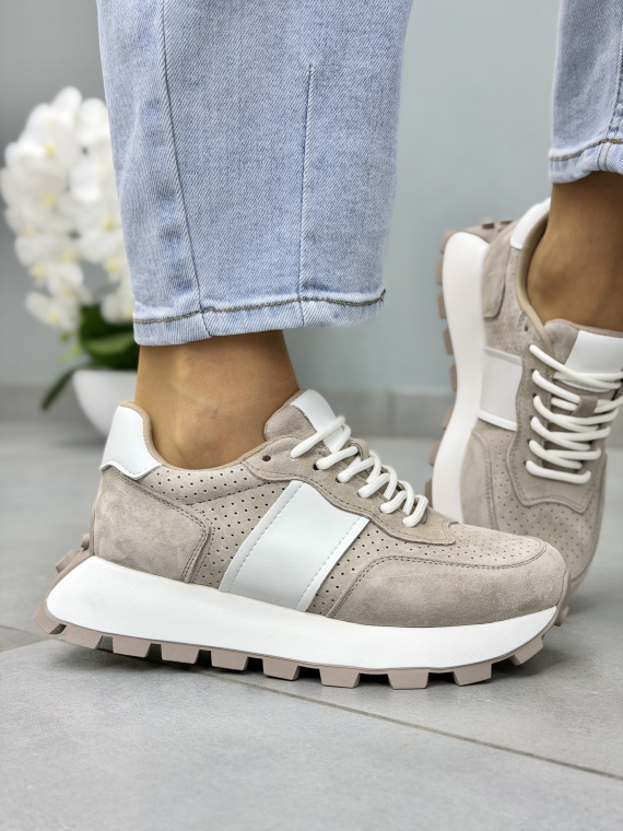 Beżowe sneakersy damskie zamszowe ze skóry naturalnej casual
