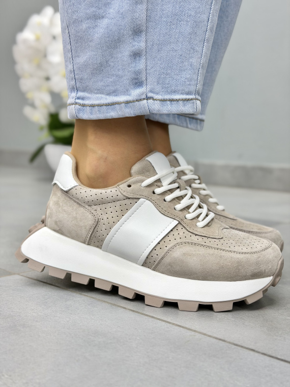 Beżowe sneakersy damskie zamszowe ze skóry naturalnej casual