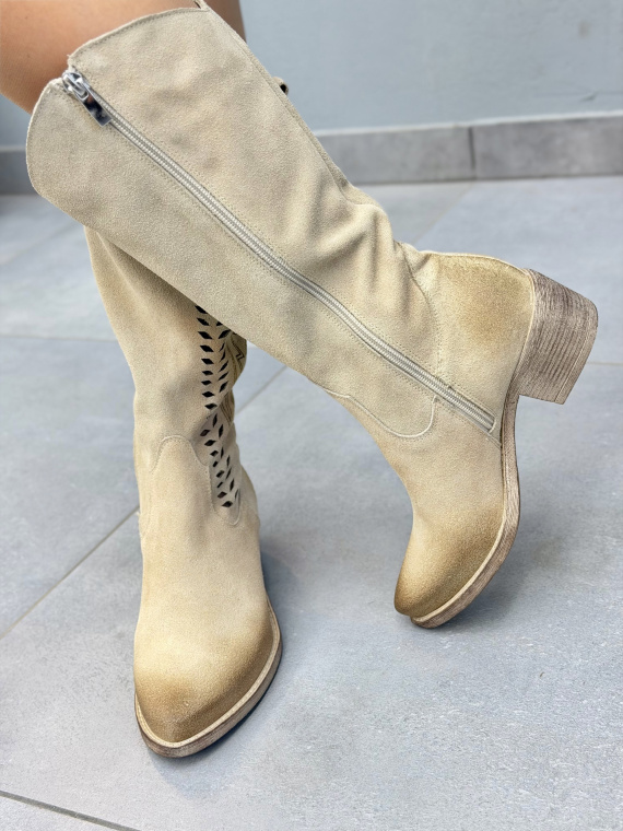 Beżowe kowbojki damskie ażurowe ze skóry naturalnej OLEKSY casual