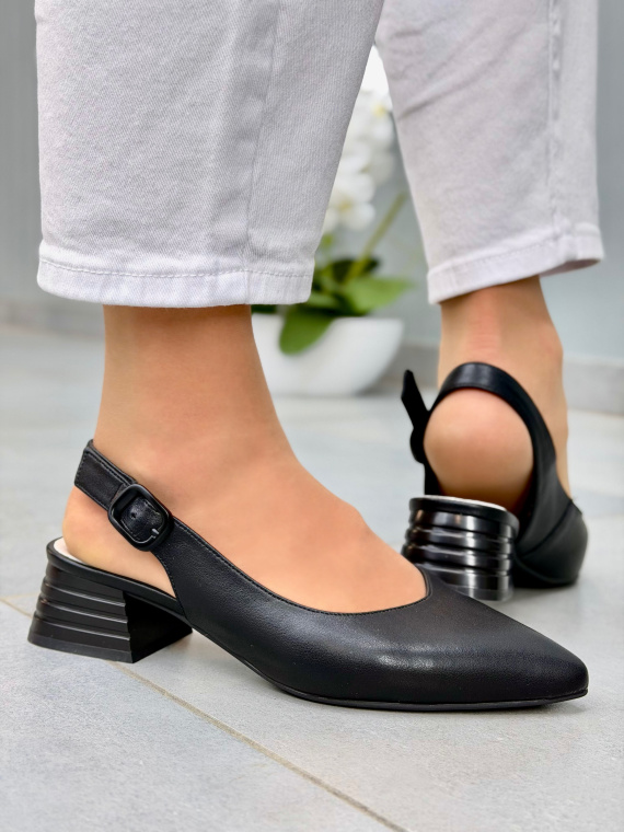 Czarne sandały damskie slingback ze skóry naturalnej eleganckie