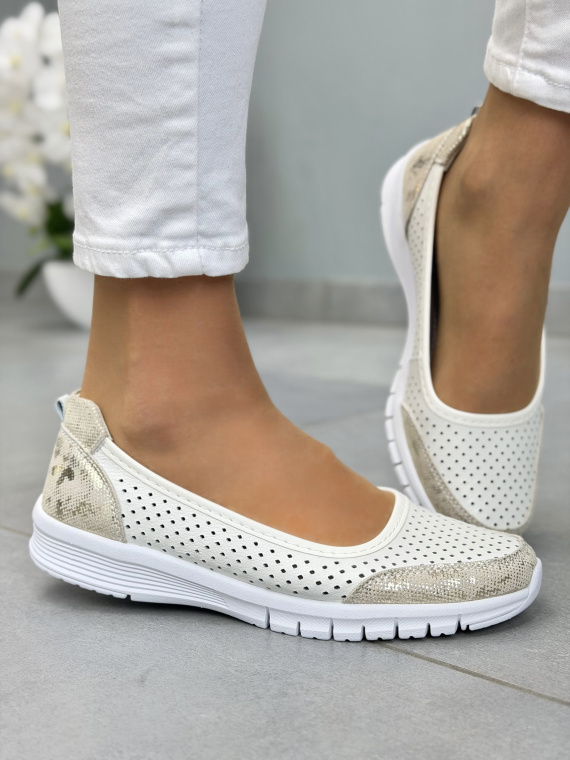 Białe baleriny skórzane perforowane casual