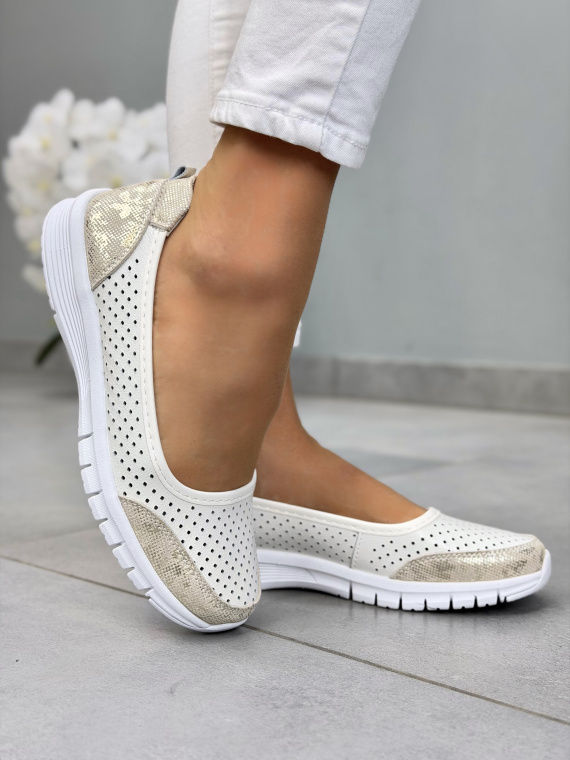 Białe baleriny skórzane perforowane casual