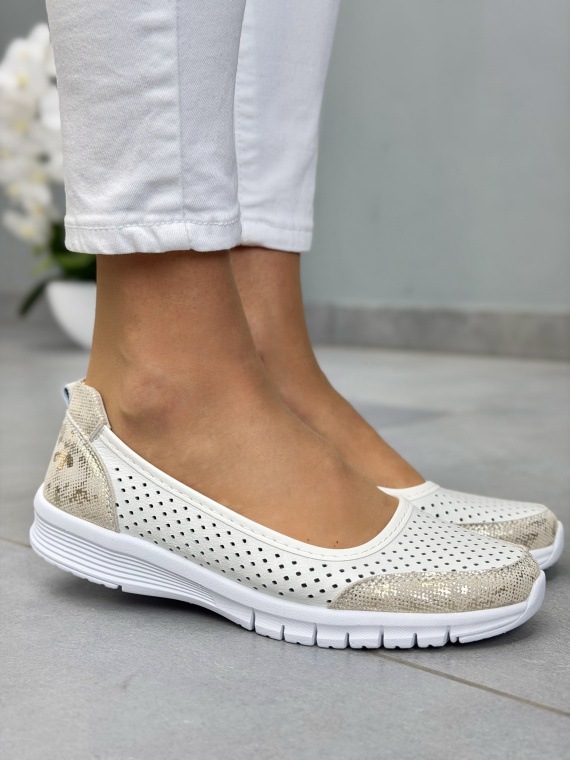 Białe baleriny skórzane perforowane casual