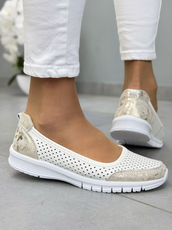 Białe baleriny skórzane perforowane casual
