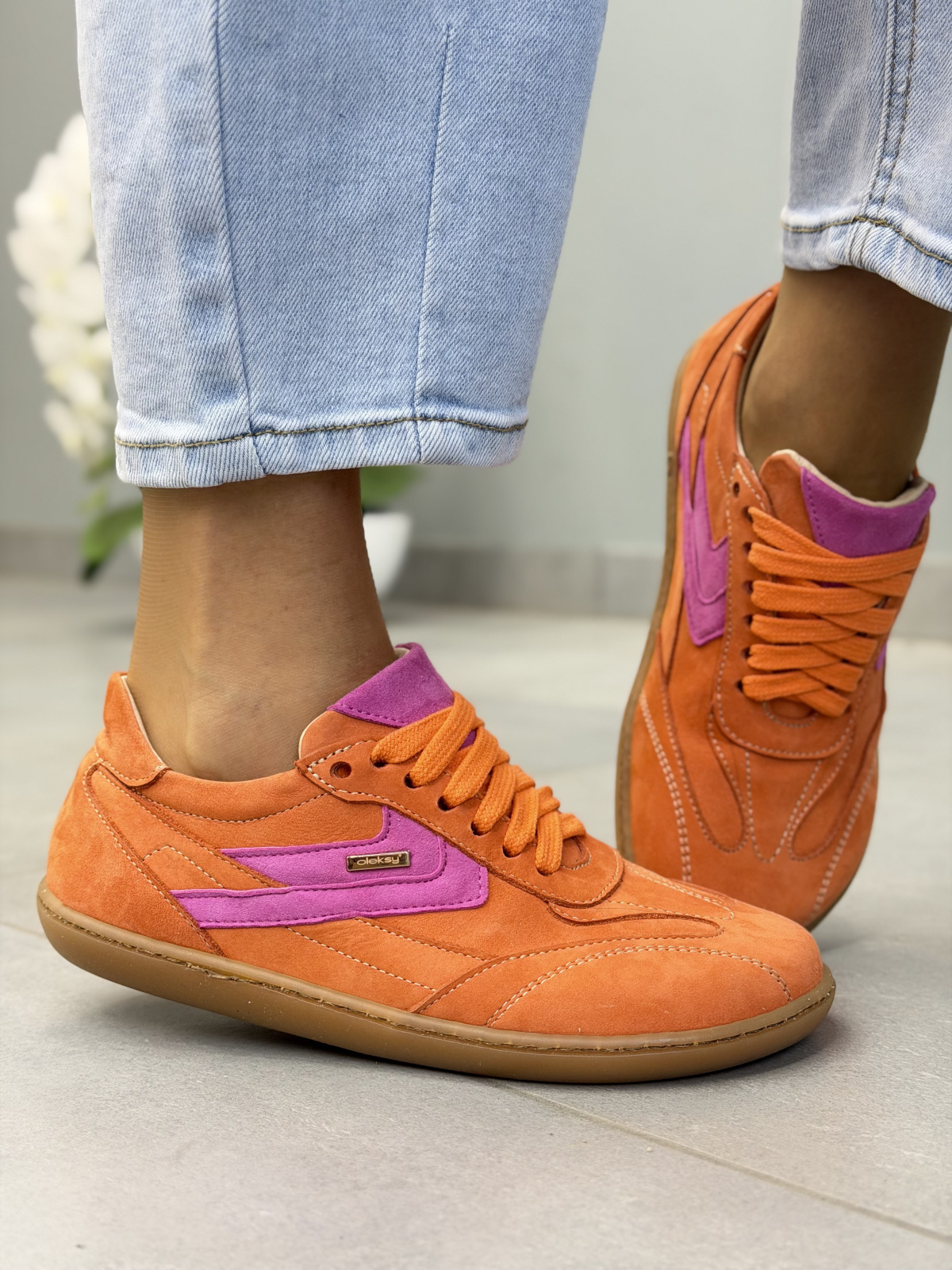 Pomarańczowo-różowe sneakersy barefoot skórzane damskie OLEKSY casual