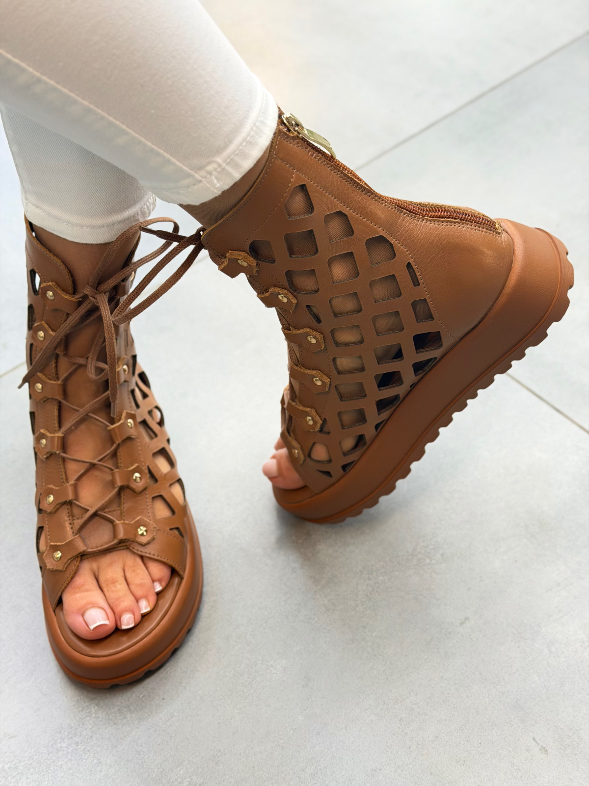 Brązowe sandały botki damskie ze skóry naturalnej OLEKSY casual